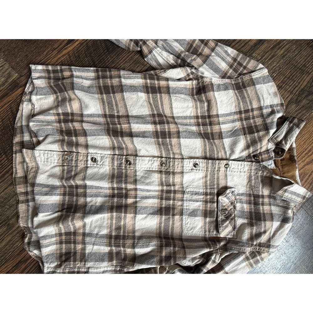 Dubinik Mens Plaid Flannel Shirt Brown Tan Cream Corduroy Collar Large